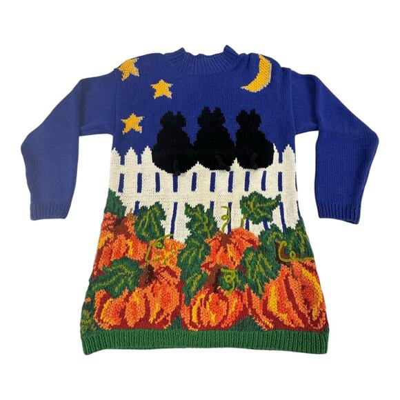 Marisa Christina Sweaters - Vtg Marisa Christina Classics Hand Knitted S Blue Halloween Black Cat Sweater